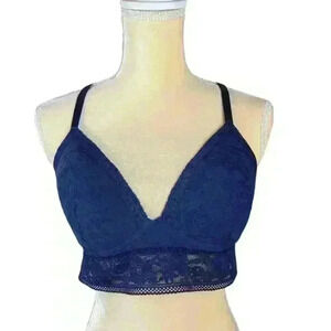 Victorias Secret Womens Bralette Bra Blue Floral Stretch Lace Lined Sz L…